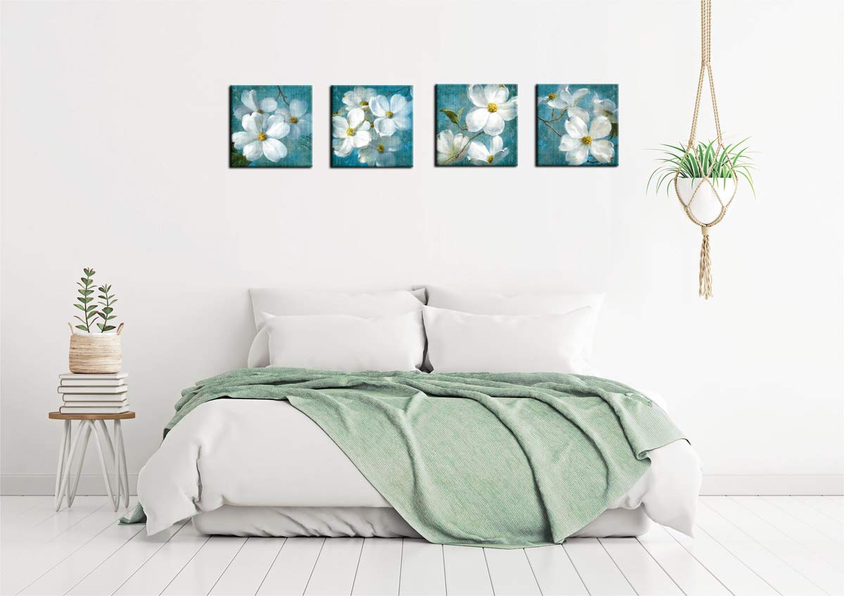 Canvas Wall Art Blossom Picture Bathroom Wall Decor White Flower Blue Background Canvas Artwork Bedroom Living Room Wall Decor Contemporary Canvas Painting Office Home Decor 12\