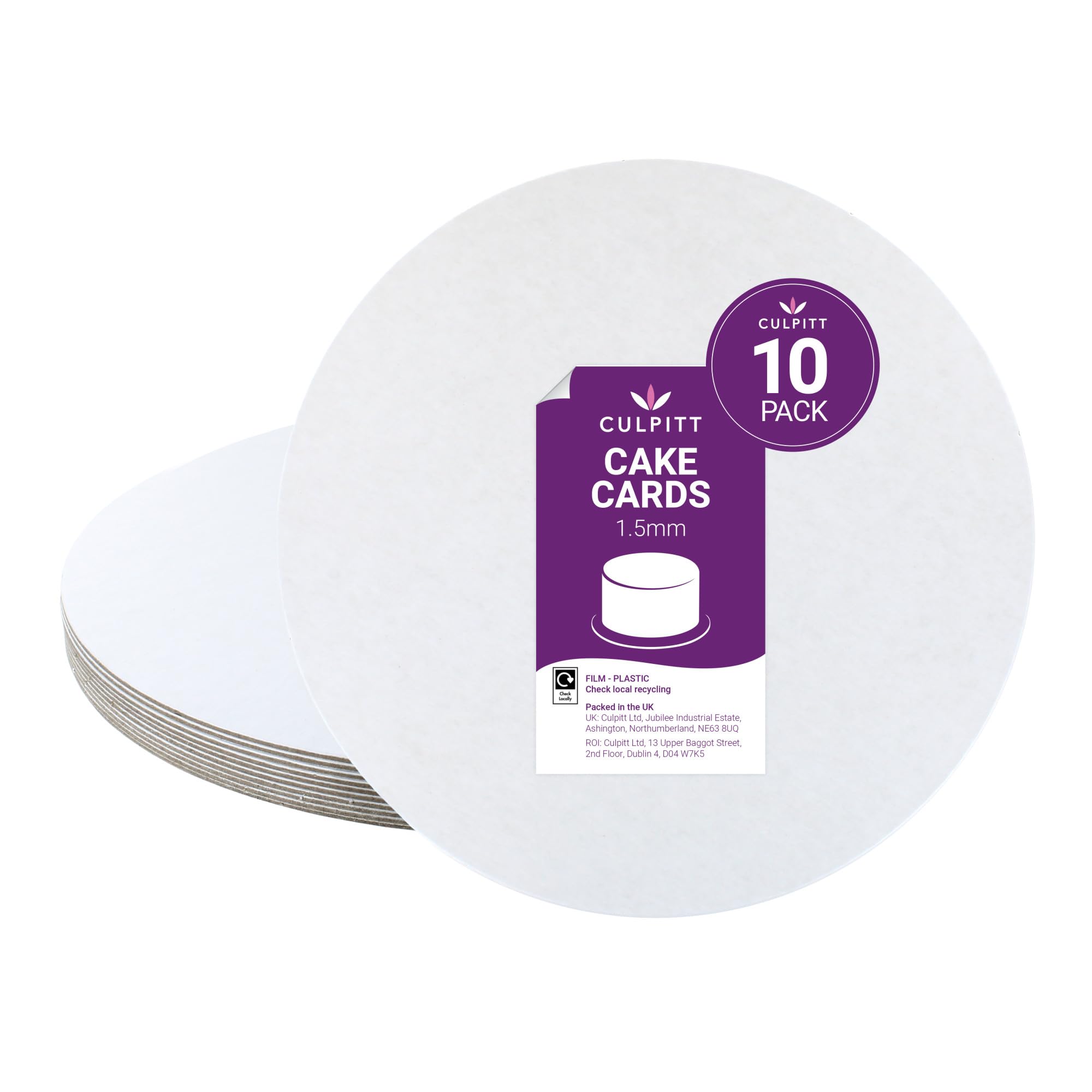 Culpitt 10" White Cake Cards | PE Coated Cake Board, Lightweight For Sponge Cakes, Desserts, Patisserie, 1.5mm Thick, Greaseproof Cards | 10 Pack
