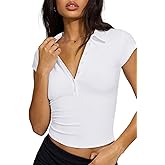 Volemo Women's Cropped Polo Shirts Collared Button Up V Neck Cap Sleeve Tight Fitted Basic Tees Summer Casual Work Tops