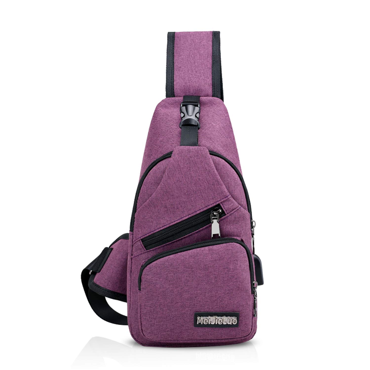 FANDARE New Sling Bag Unisex Chest Pack for Men/Women Crossbody Bag with USB, Earphone Hole One Strap Backpack for Travel Cycling Camping Hiking Waterproof Polyester Purple