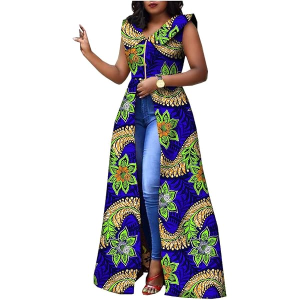 XIAOHUAGUA African Ankara Dresses for Women V-Neck High Waist Asymmetric  Knee-Length Dress at Amazon Women's Clothing store
