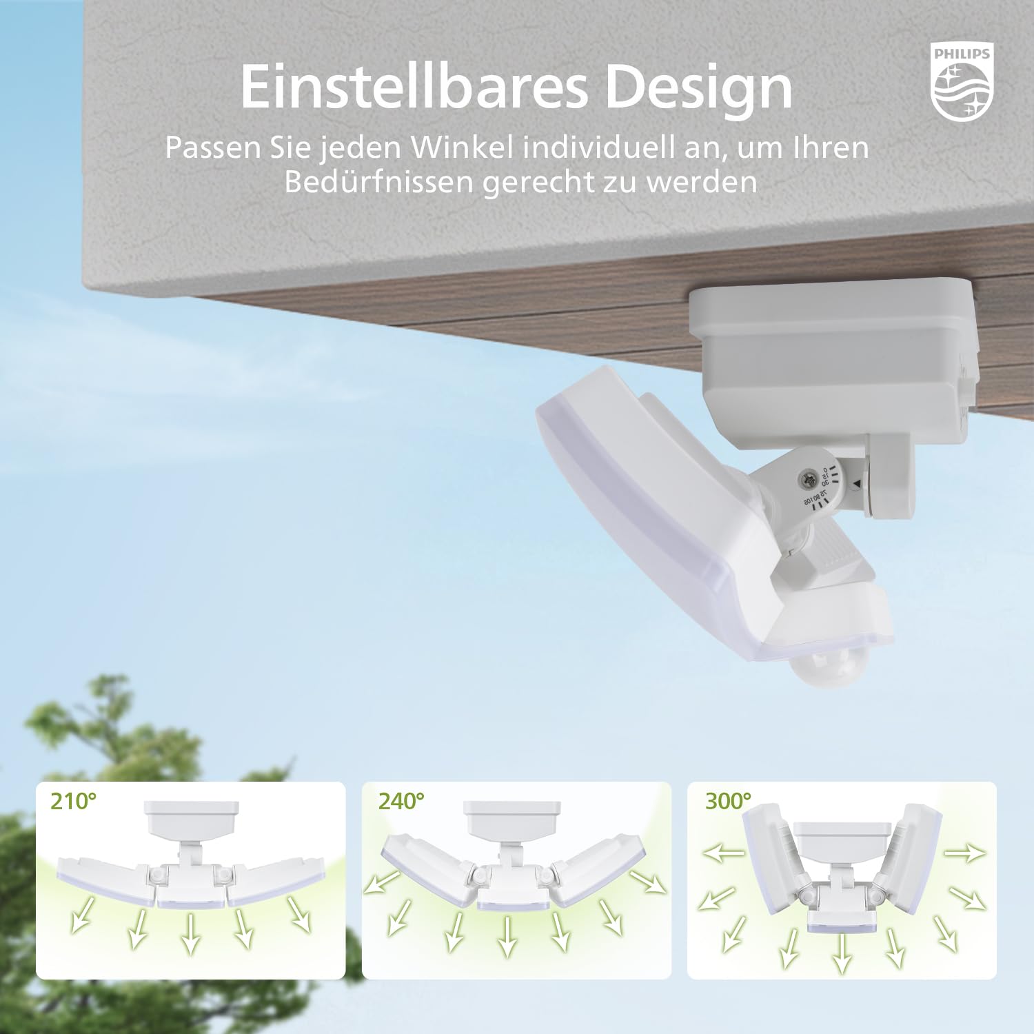 Philips 3600LM Solarlampen für Außen mit Bewegungsmelder, 5000K Wasserdichte Dimmbare LED, 3 Verstellbare Köpfe mit 5m Kabel, Separate Solarpanel mit 3 Modi Solar-Fluter für Hof, Garage 9