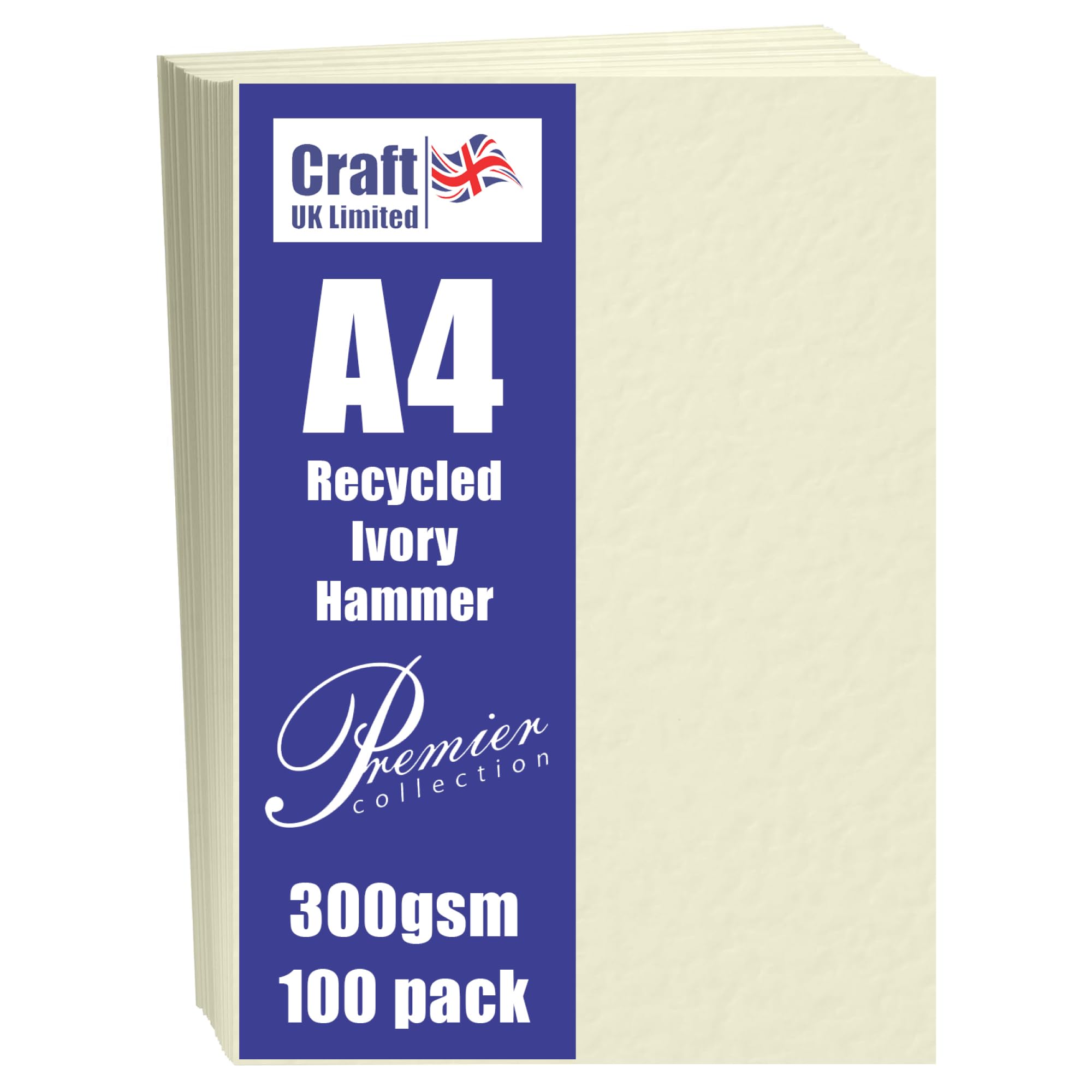 Craft UK, 50 A4 Card, Recycled Hammered Cardstock Paper for Invitations and More, 300gsm, Made in The UK, Lasting Quality, Ivory