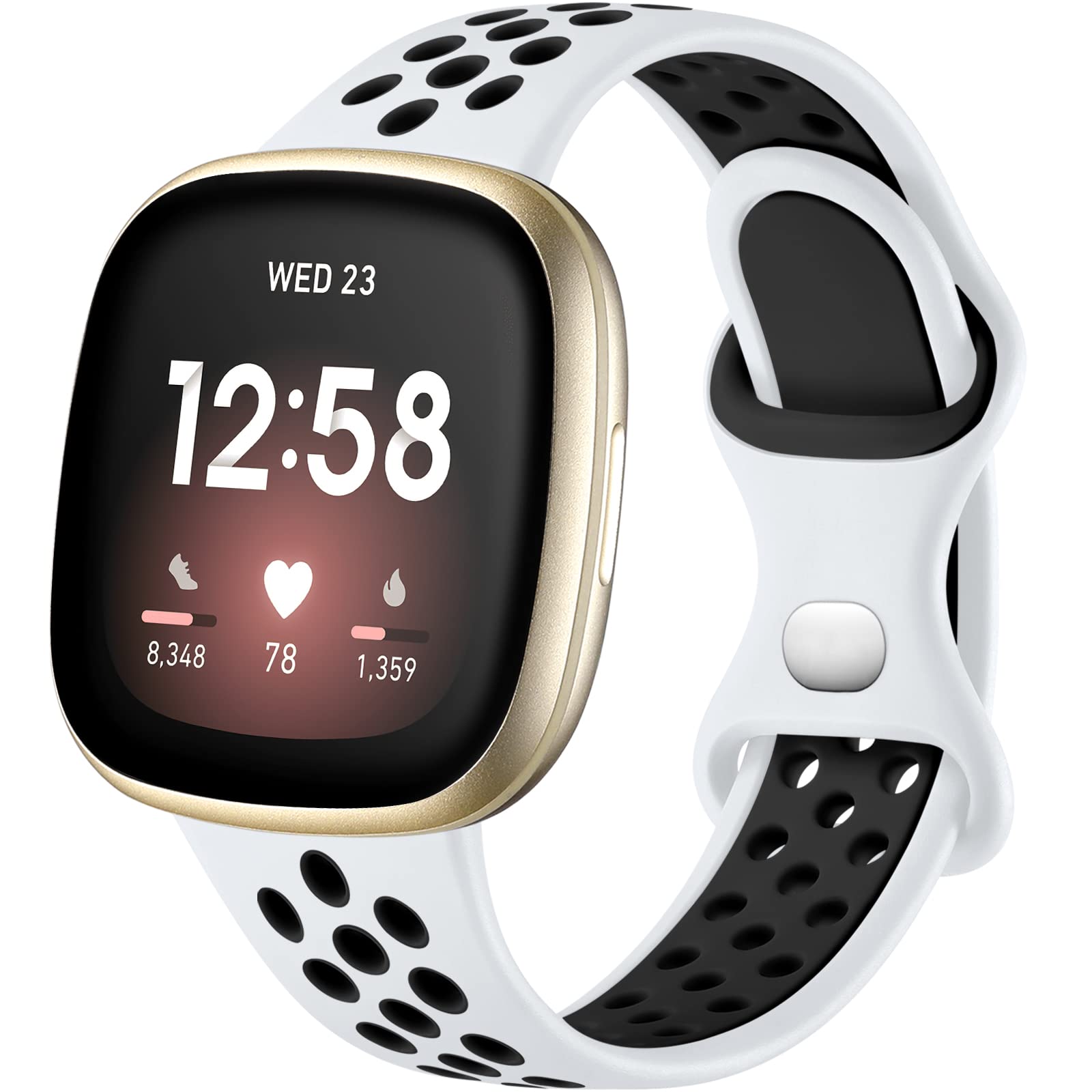 Upeak Sport Band Compatible with Fitbit Versa 3/4 Strap/Sense 2, Breathable Silicone Replacement Wristband for Women Men, Small, White/Black