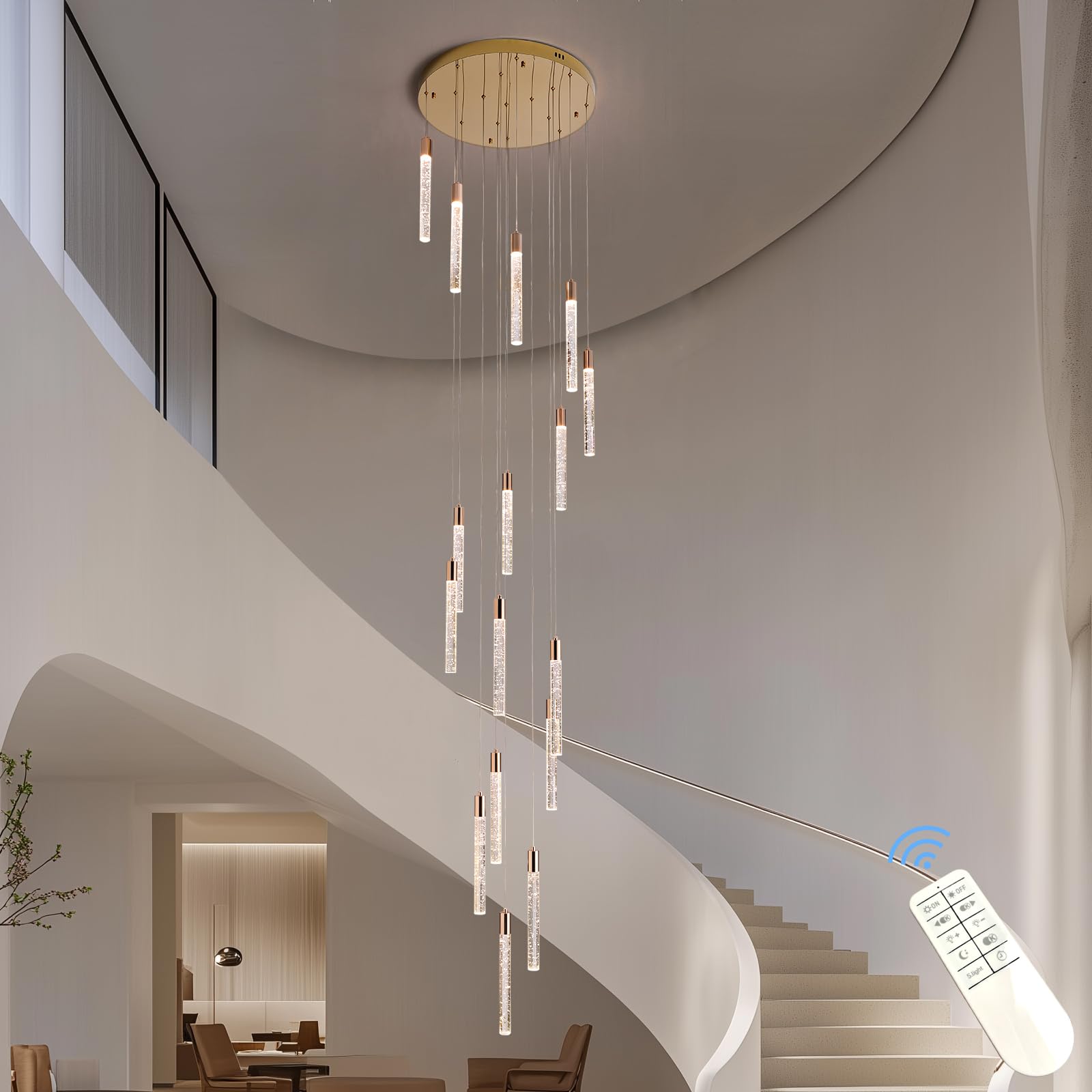 Photo 1 of TKHKY High Ceiling Chandelier - Long Bubble Chandelier with Adjustable Brightness & 3 Light Options, Ideal Modern Led Crystal Chandeliers for Enhancing Your Staircase, Foyer, Entryway - 16 Lights