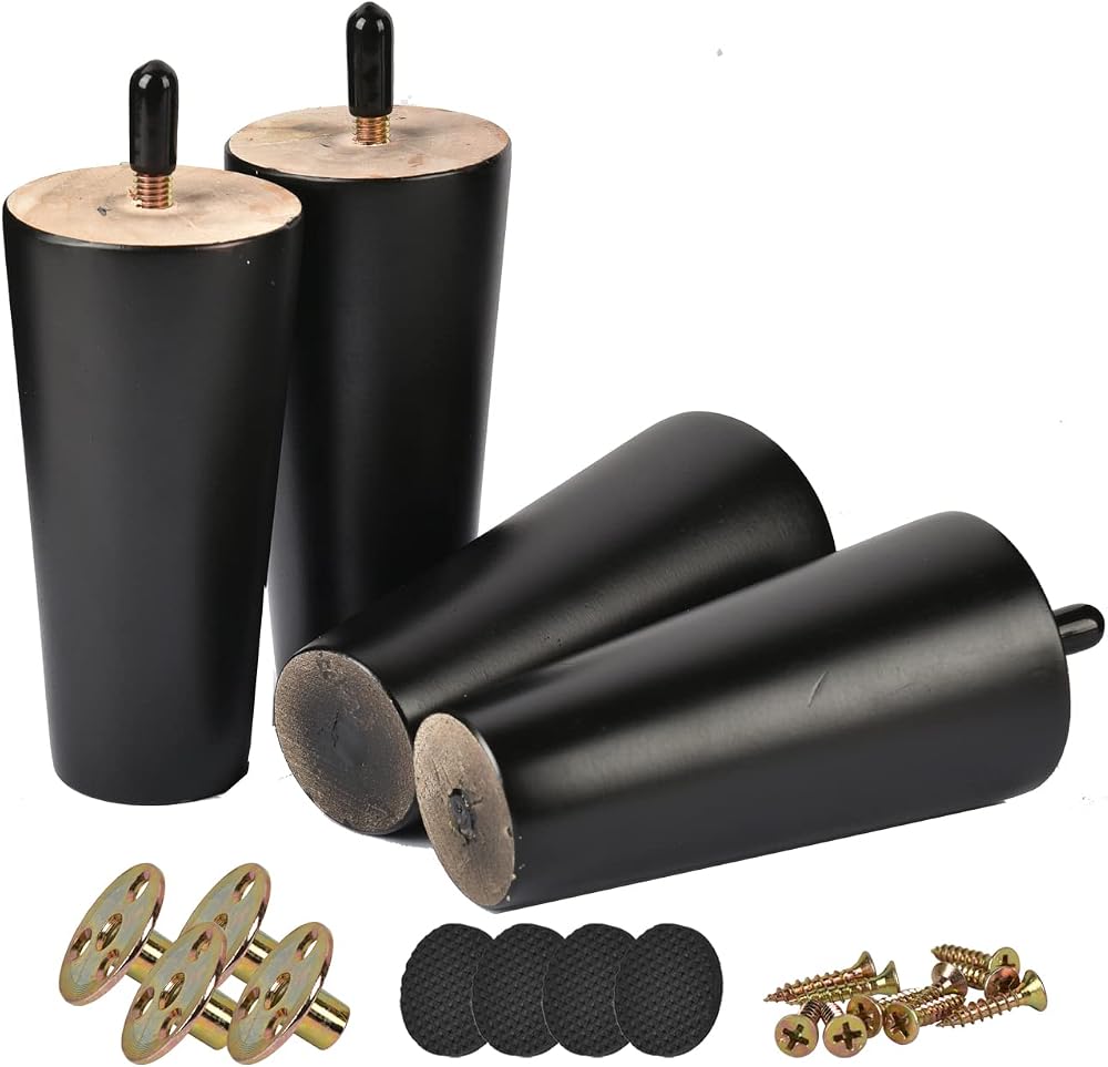 Btowin 8 Inch Solid Wood Furniture Legs 4 Pcs with Mounting Plates Screws Black