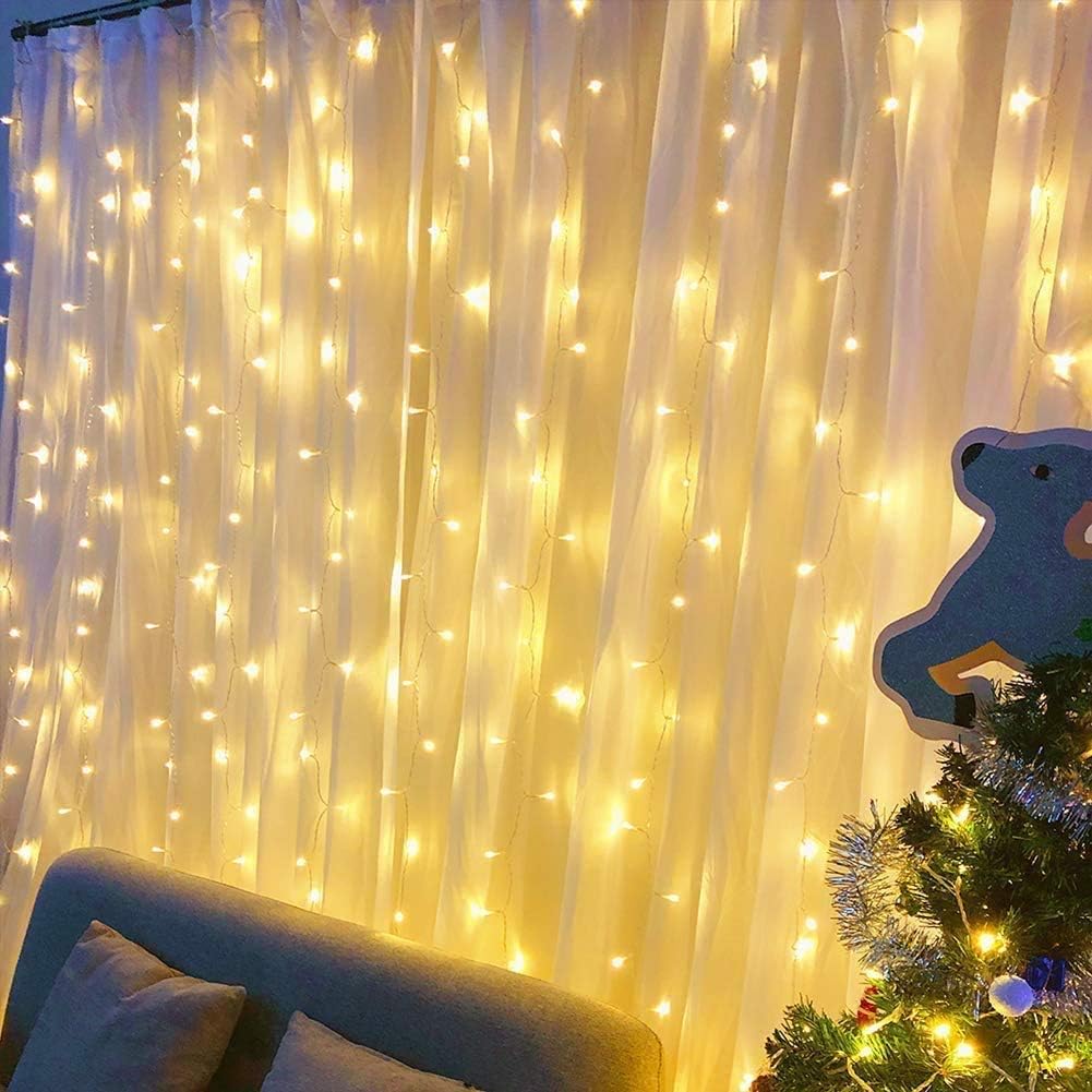 LE 306 LED Curtain Lights 9.8 x 9.8 ft Fairy String Lights for Bedroom Wall Wedding Backdrop Patio Party Garden, Warm White, 8 Modes, Plug in Indoor Outdoor Decorative Window Twinkle Christmas Lights: Home Improvement