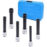 JEUCLEL 6PCS 1/2" Drive T Star/E Type Sockets Set, E10-20 Extra Long, CR-V | Deep Reach Impact Socket, Damaged Remover, Rusted, Stripped, Screws, Stuck Nut Removal, Backstop Design, Tight Spaces Tool