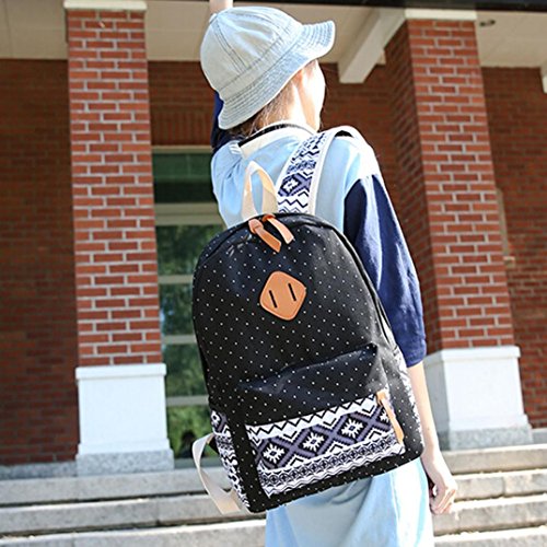 Coohole Girl Canvas Shoulder School Bag Backpack+Crossbody Tote Bag+Clutch Purse (Black)