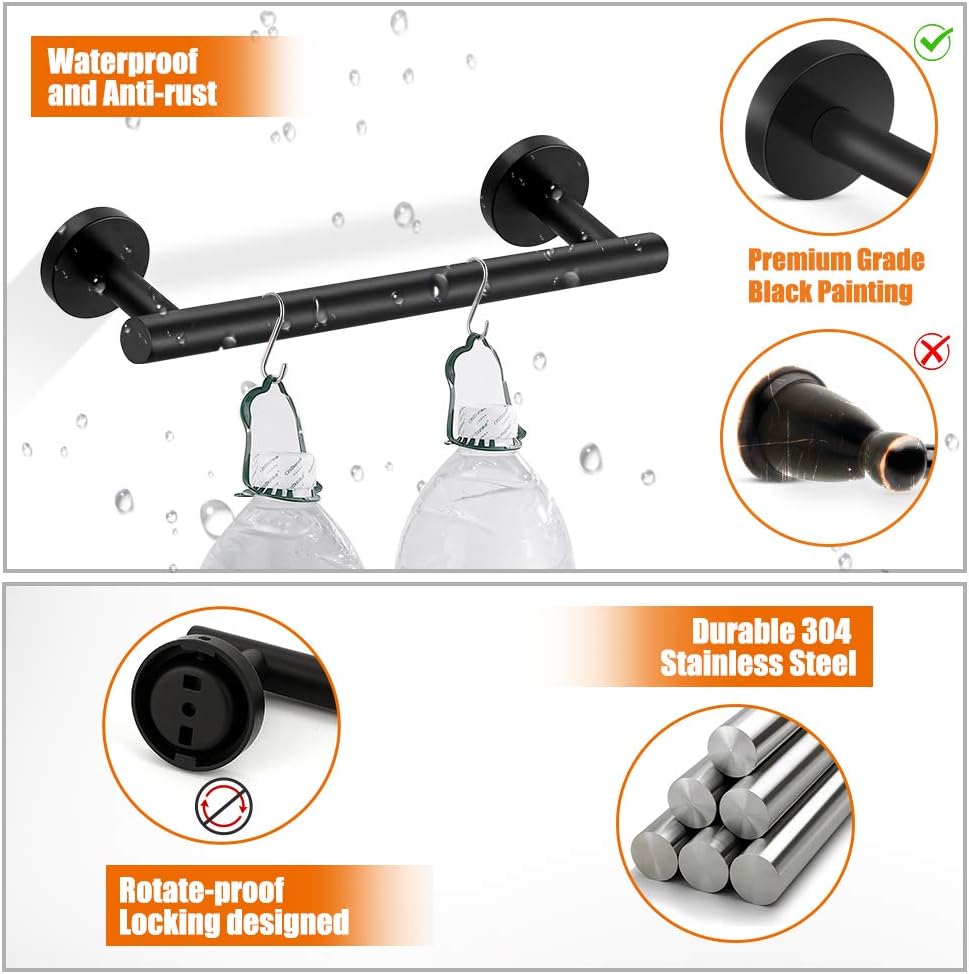 Tudoccy 5-Pieces Matte Black Bathroom Hardware Set SUS304 Stainless Steel Round Wall Mounted - Includes 16" Hand Towel Bar, Toilet Paper Holder, 3 Robe Towel Hooks,Bathroom Accessories Kit: Home & Kitchen