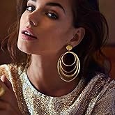 Doubnine Large Circle Hoop Earrings Metallic Gold Drop Dangle Retro Round Hoops Earrings Wedding Bridal Jewelry for Women