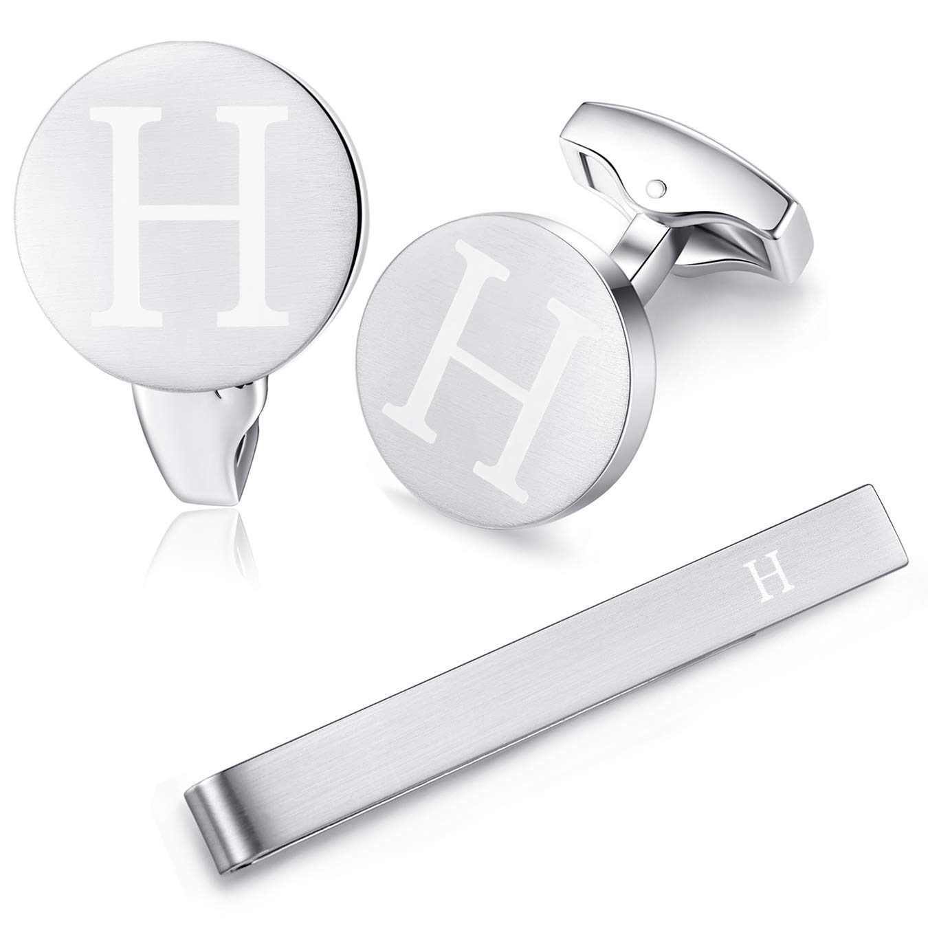 HONEY BEAR Initial Alphabet Letter Cufflinks Tie Clip Set for Mens - Brushed Silver Round Stainless Steel, for Business Wedding Gift,5.4cm (H)