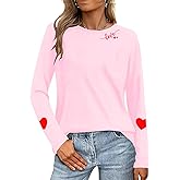 Valentine Shirts for Women Love Heart Long Sleeve Tshirt Red Valentine's Graphic Casual Tops