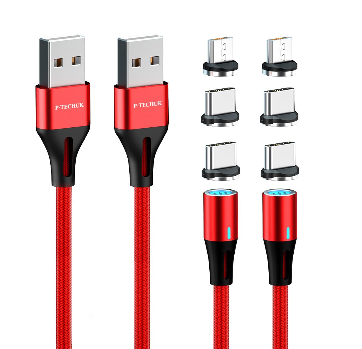 P-TECHUK Fast Charging 360° Magnetic 3 in 1 Magnetic Charging Cable, Universal magnetic charger cable. (2 x 1M cable, 6 tips) A2P