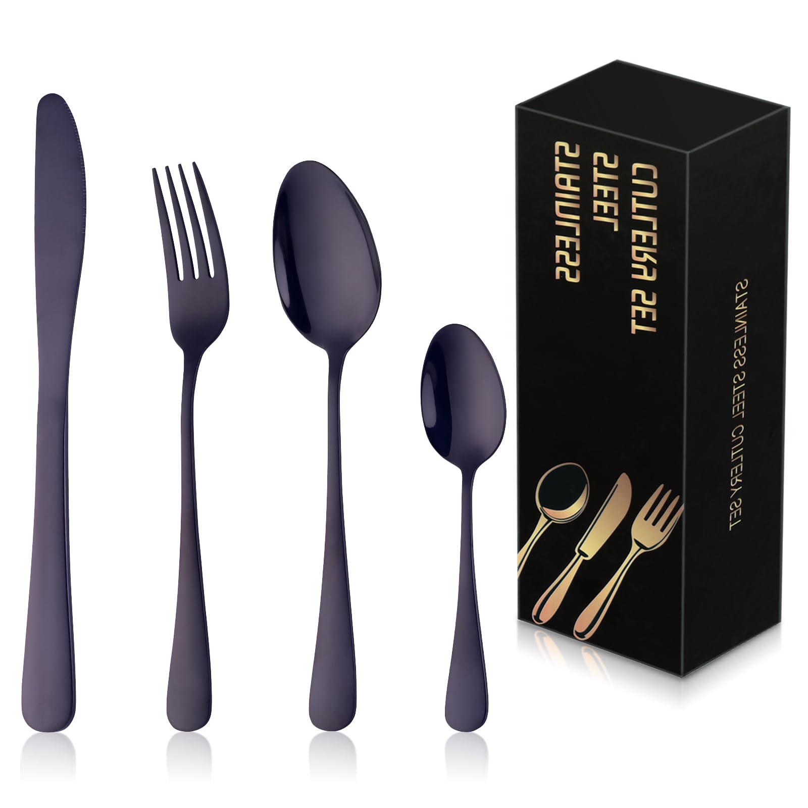 DOCBLACK Stainless Steel Cutlery Set, 24 Piece Black Silverware Flatware Sets for 6, Mirror Polished and Dishwasher Safe, Suitable for Home and Restaurant