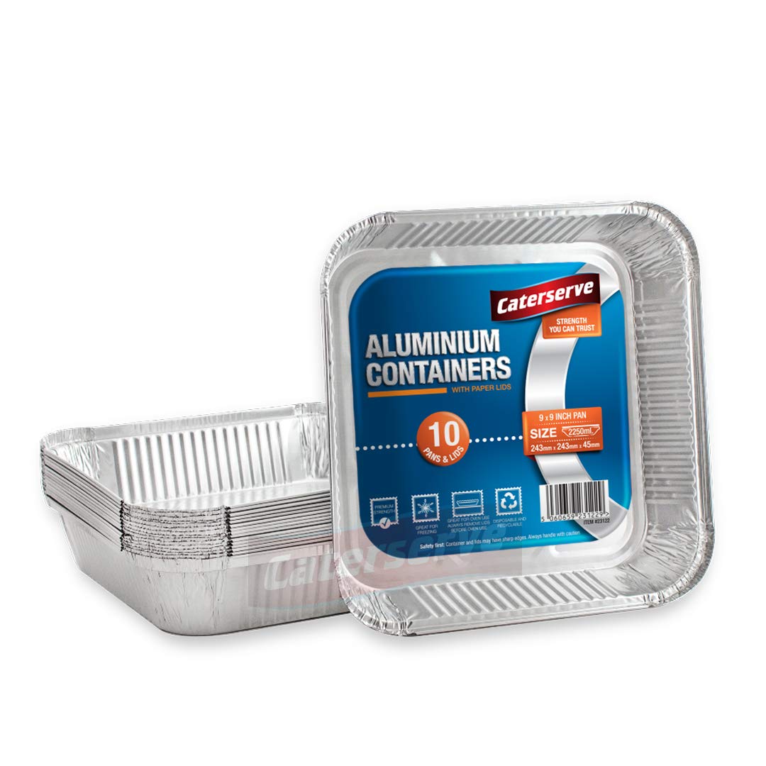 Caterserve 10 Aluminium Foil Trays with Lids - Large Tin Foil Containers with Paper Lids for Roasting, Baking, Broiling, Cooking, Food Storage and Freezing | 9 x 9 inch Square