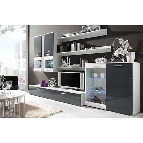 JUSTyou CAMI I Wohnwand Anbauwand Schrankwand Farbe: Weiß Matt/Grau Hochglanz