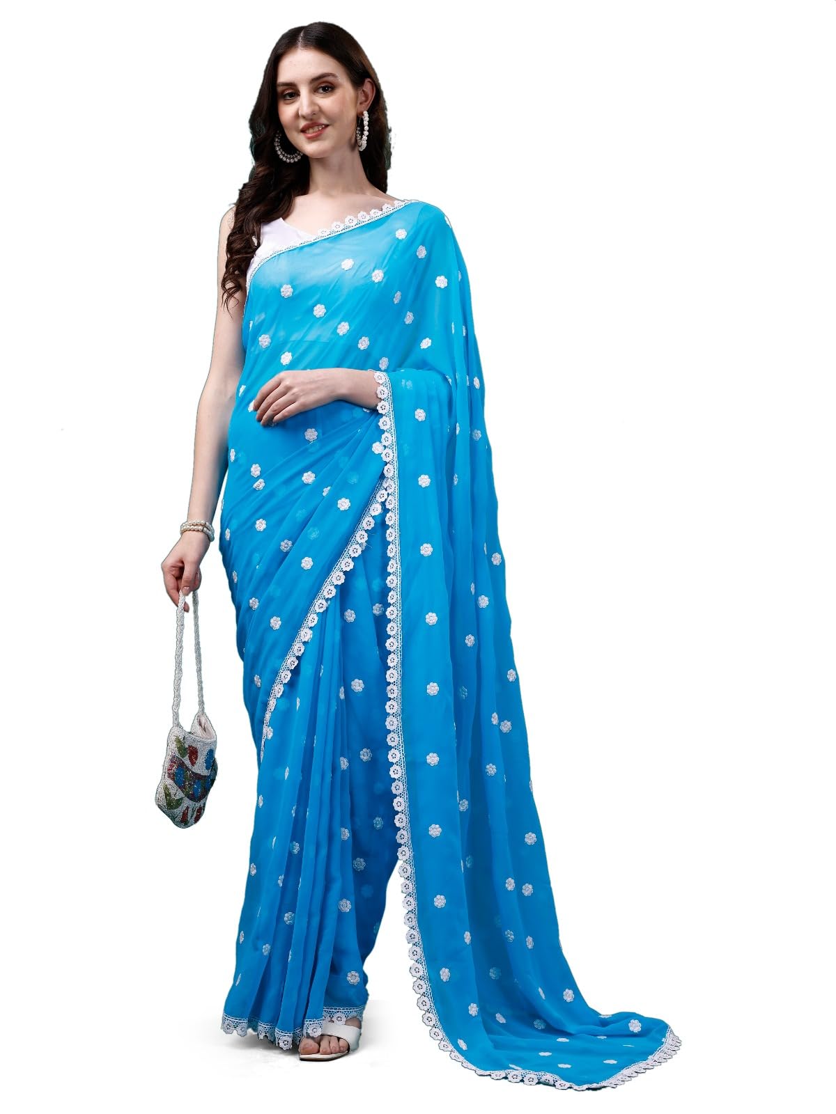 Estationeryhouse Women's Georgette Saree with Embroidery Lace Border Work Designer Saree with Unstitched Blouse Piece (Turquoise Blue)
