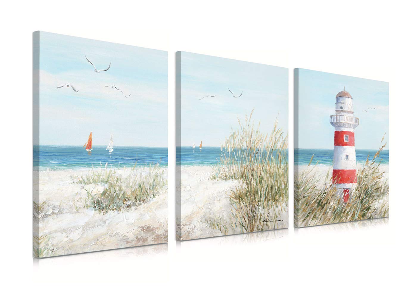 Lighthouse Decor Coastal Nautical Pictures: 3 Panels Ocean Wall Art Seagull Seascape Morning Wall Decor Sailboat Decoration Seabirds Cottage Canvas Print Grass Picture for Living Room (30x40CMx3)