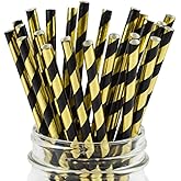 Disposable Black Gold Striped Paper Straws - 100 Pack Biodegradable Black and Gold Stripes Cocktail Drinking Straws for Holloween, Birthday Party Suppliers Decoration