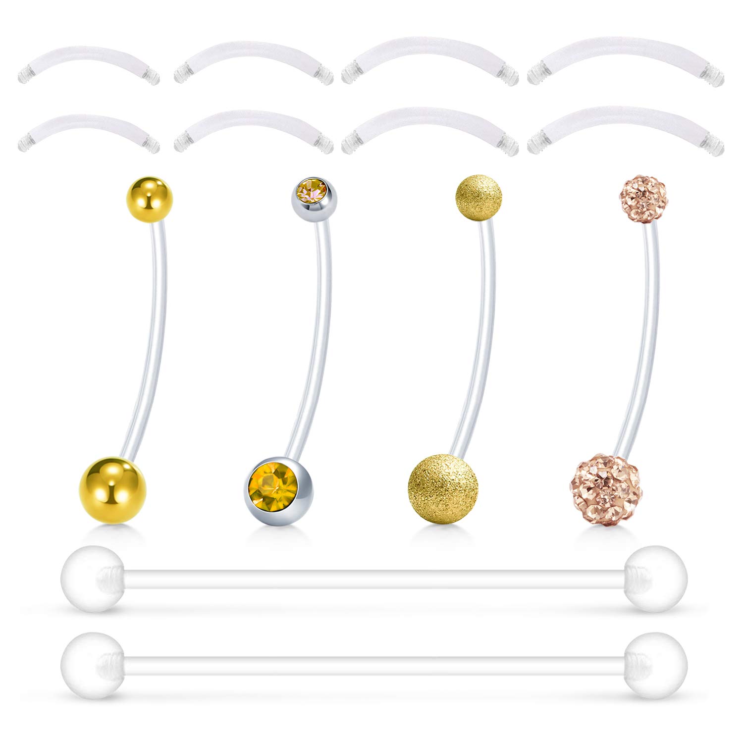 Mayhoop Pregnancy Belly Button Rings 14G Mix Style 32mm Maternity Flexible Bioplast Belly Navel Button Ring Retainer with 12-18mm Acrylic Short Belly Bar Gold