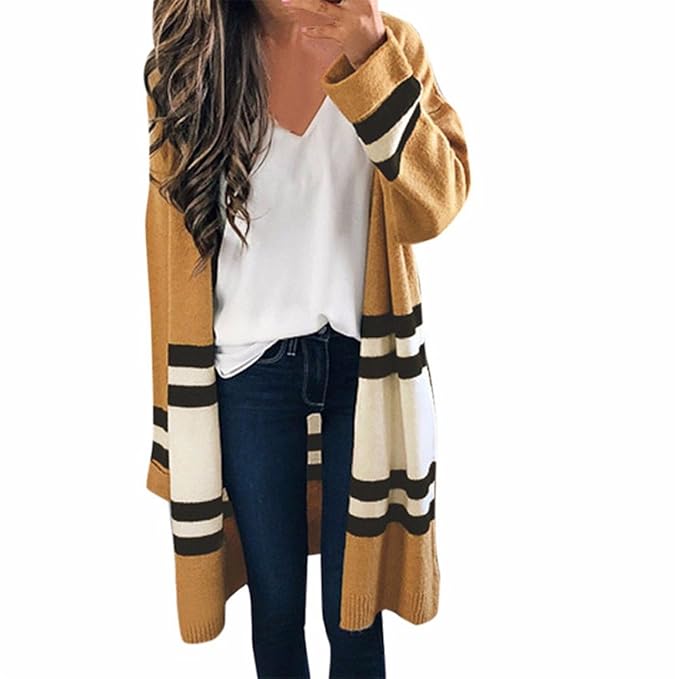 Moonuy Damen Strick Strickjacken, Winter Frauen Herbst Winter Langarm Lose Beiläufige Gestreifte Pullover Baumwolle Strickjac
