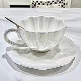 Floral Porcelain Tea Cups and Saucers Set (8oz, Rose, 1 Set White) for Tea Party