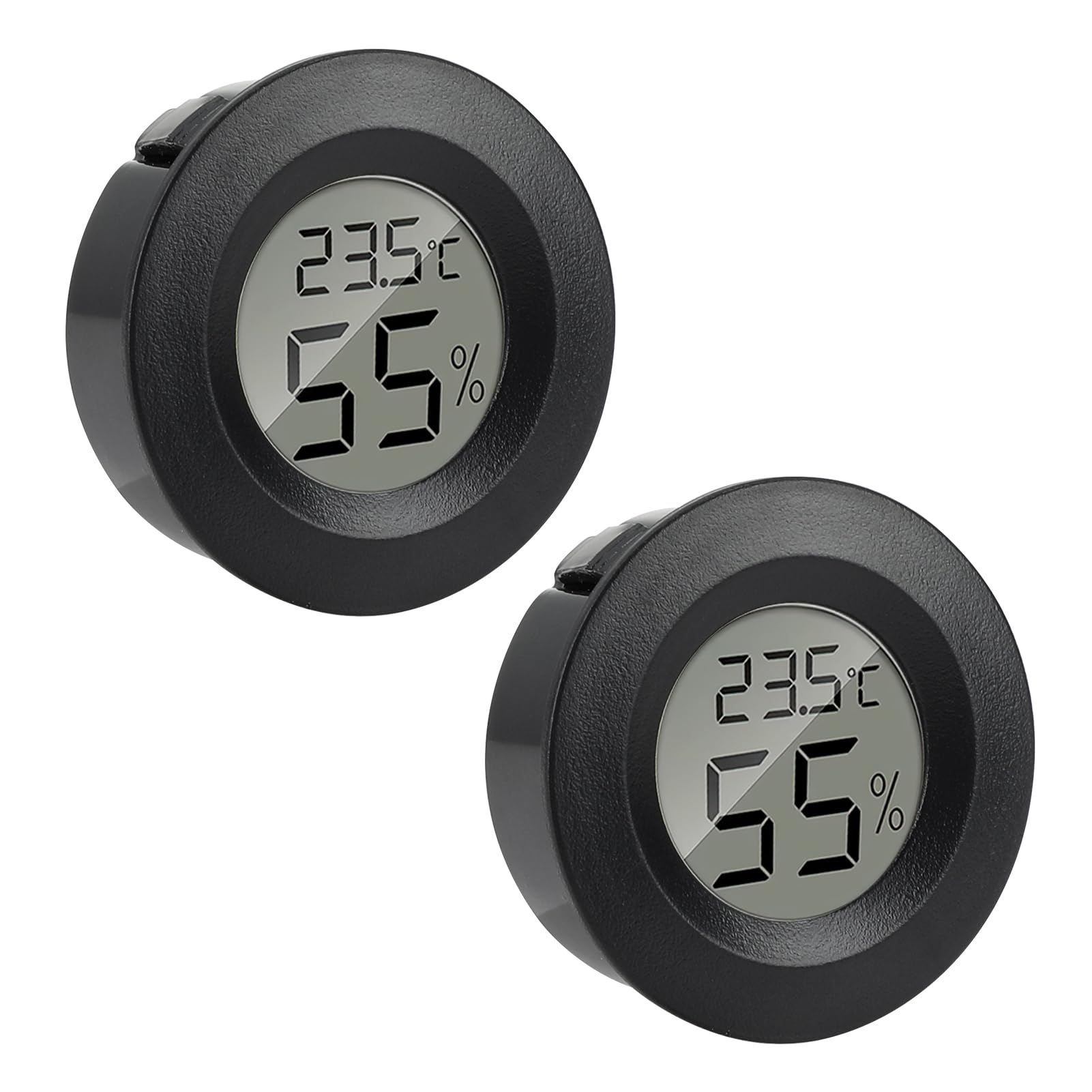 2 Pcs Reptile Thermometer Hygrometer, Round Monitor Humidity Meter Temperature Gauge Monitor LCD Digital Display for Spider Tortoise Tank Greenhouse Basement Lizard Dehumidifiers Humidifiers (Black)