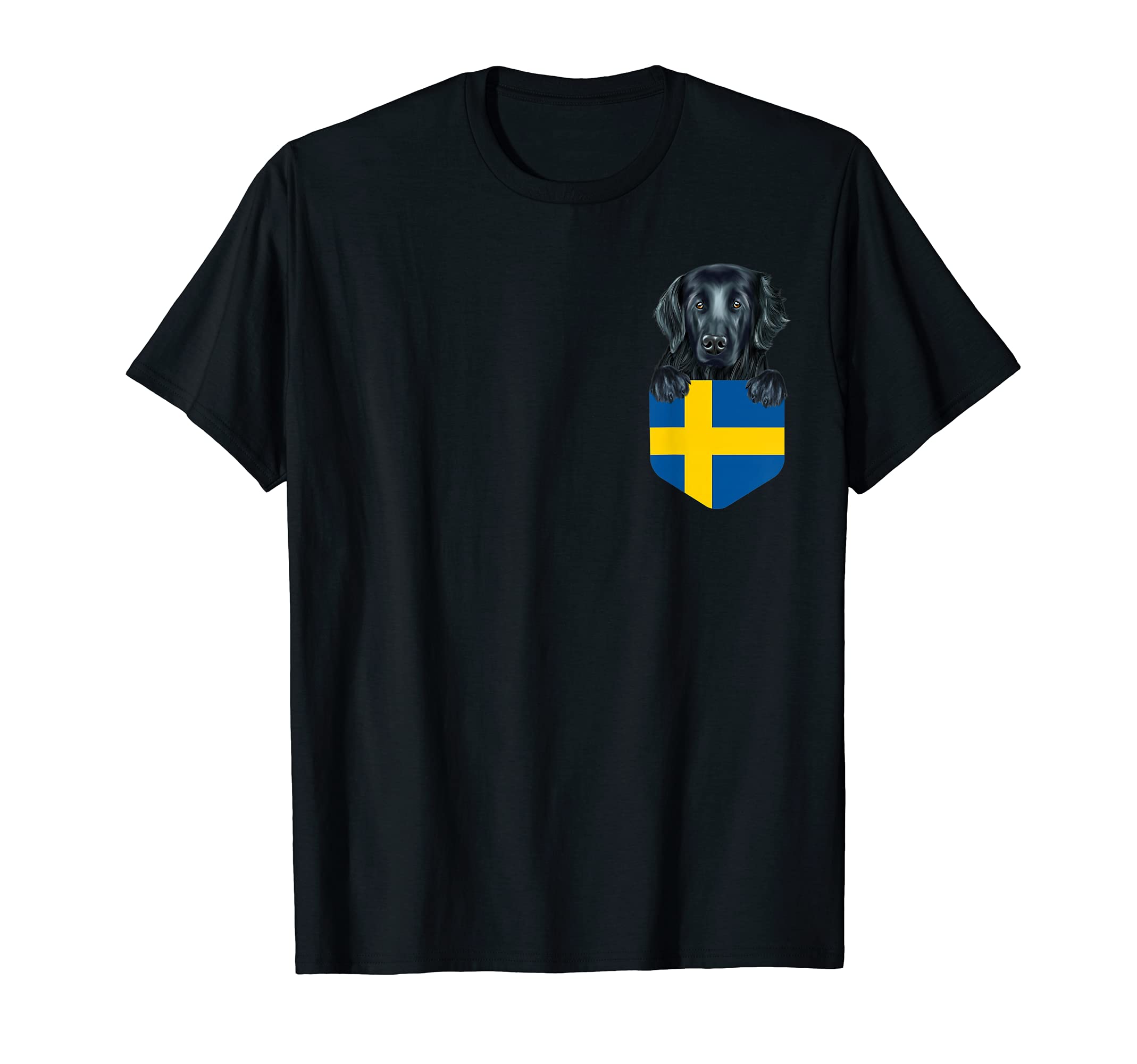 Sweden Flag Flat-Coated Retriever Dog In Pocket T-Shirt