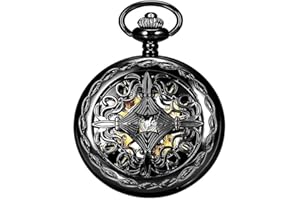 BOSHIYA Vintage Mechanical Pocket Watches for Men Luminous Steampunk Pocket Watch with Chain Black Skeleton Dial Roman Numberals Pocketwatch Gifts for Fathers Day