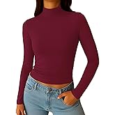 ForeFair Womens Turtleneck Mock Neck Long Sleeve Shirts Going Out Double Lined Crop Tops Slim Fitted Basic Tee