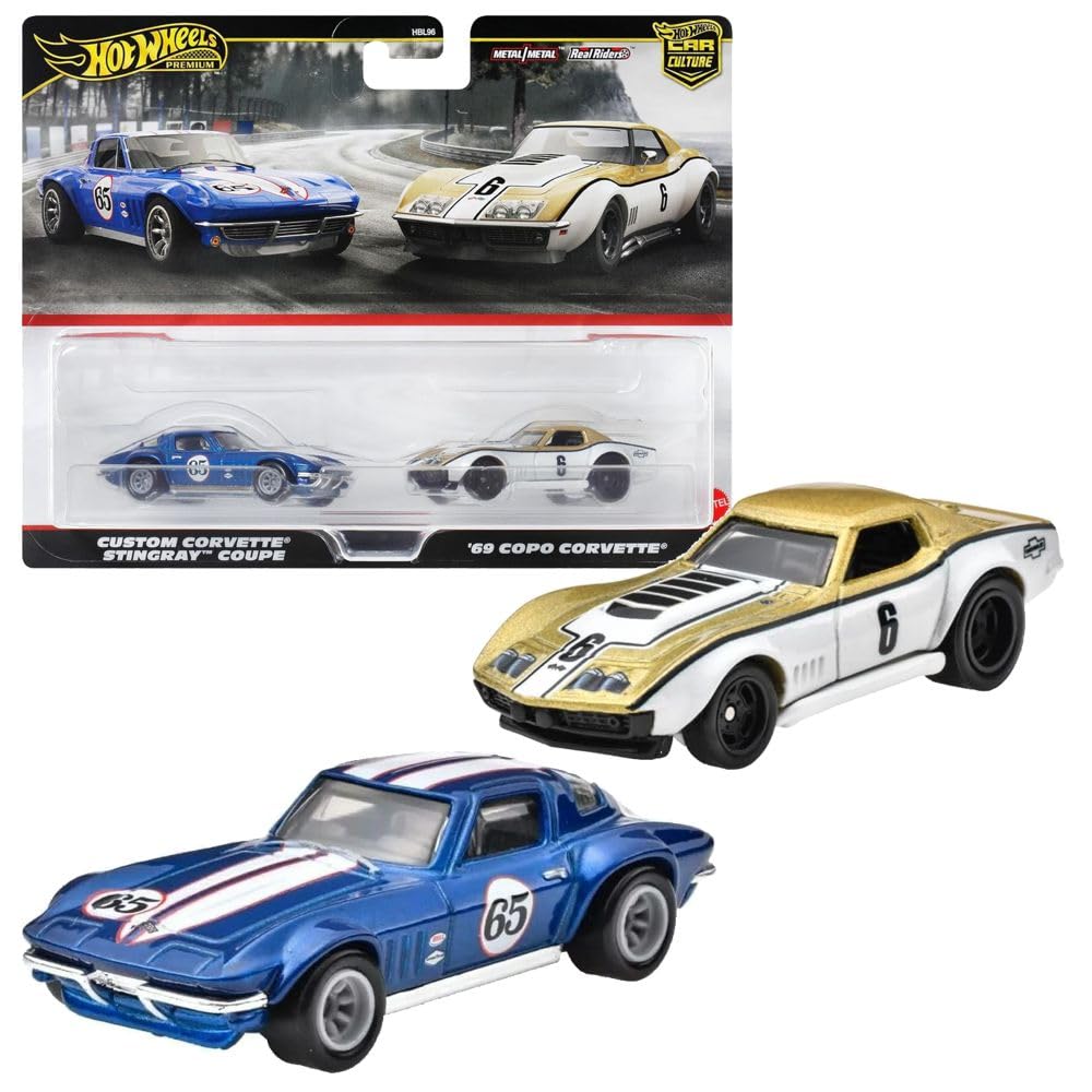 Mattel Hot Wheels HRR80 Premium Corveta COPO '69 Corvette Stingray Coupe Mini Toy Car for 3 Year Vehicles, Blue, Pack of 2