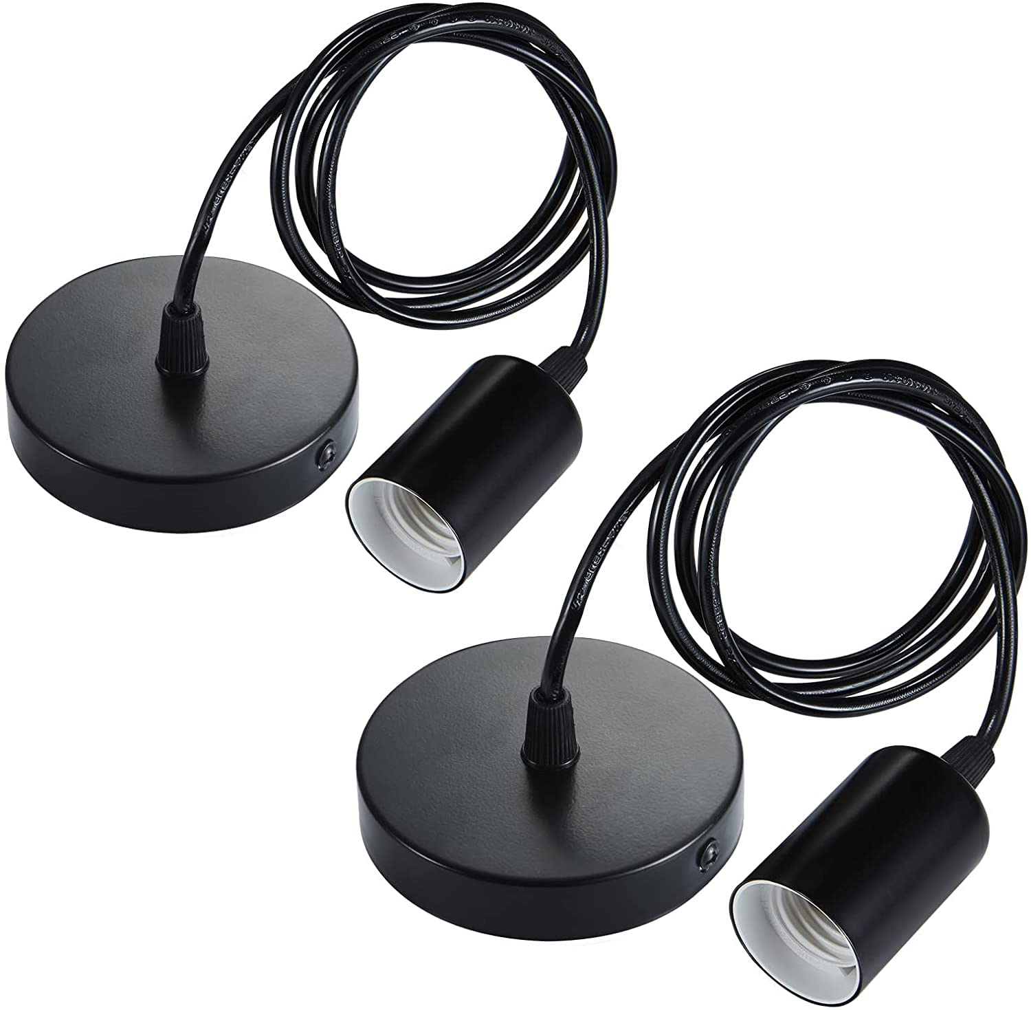 Wuudi Metal Pendant Light Fitting 2-Pack, E27 Lamp Holder Black Ceiling Rose with 100cm Cable for Kitchen Island Living Room Bedroom Dinning Room Lightings