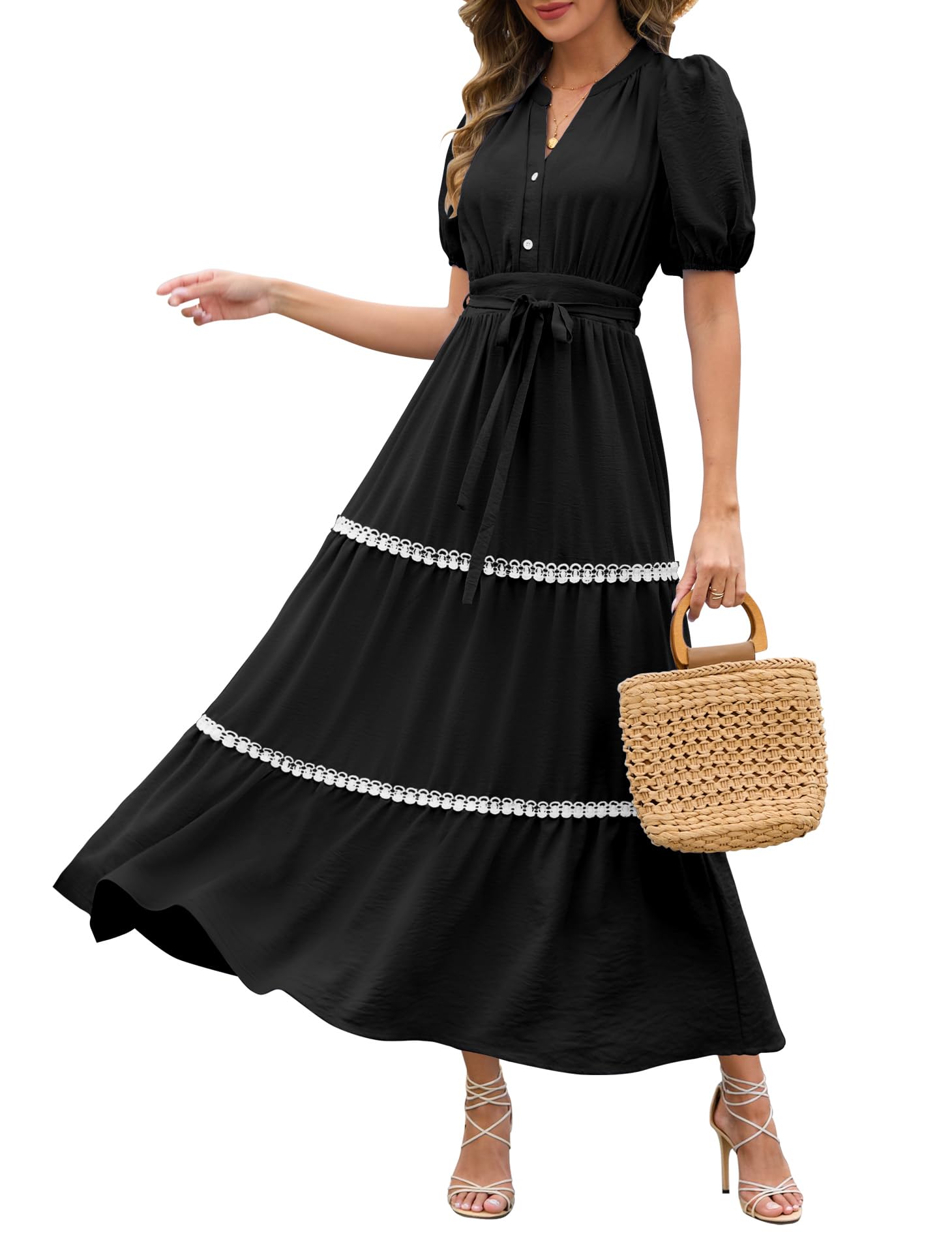 Photo 1 of Dressystar Women's Puff Sleeve Boho Maxi Dress V Neck Tiered Summer Wedding Guest Beach Vacation Dresses 2025 Black M