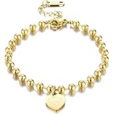 18K Gold Plated Ball Chain Bracelet with Heart Charm, 7.5 Inches, Stainless Steel