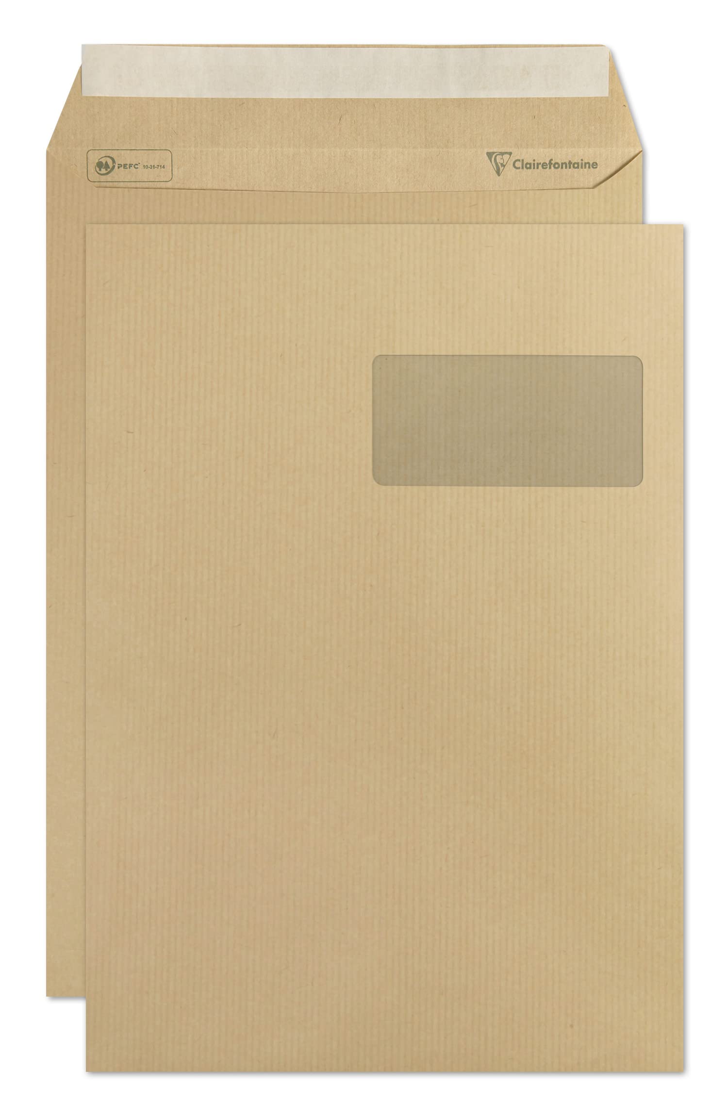 Clairefontaine 10350C - Box of 250 Kraft Milleraies Brown Envelopes - Size: C4 - 229x324 mm - Self-adhesive - 90g/m² - Window 50x100 (position 50/20) - Mailing