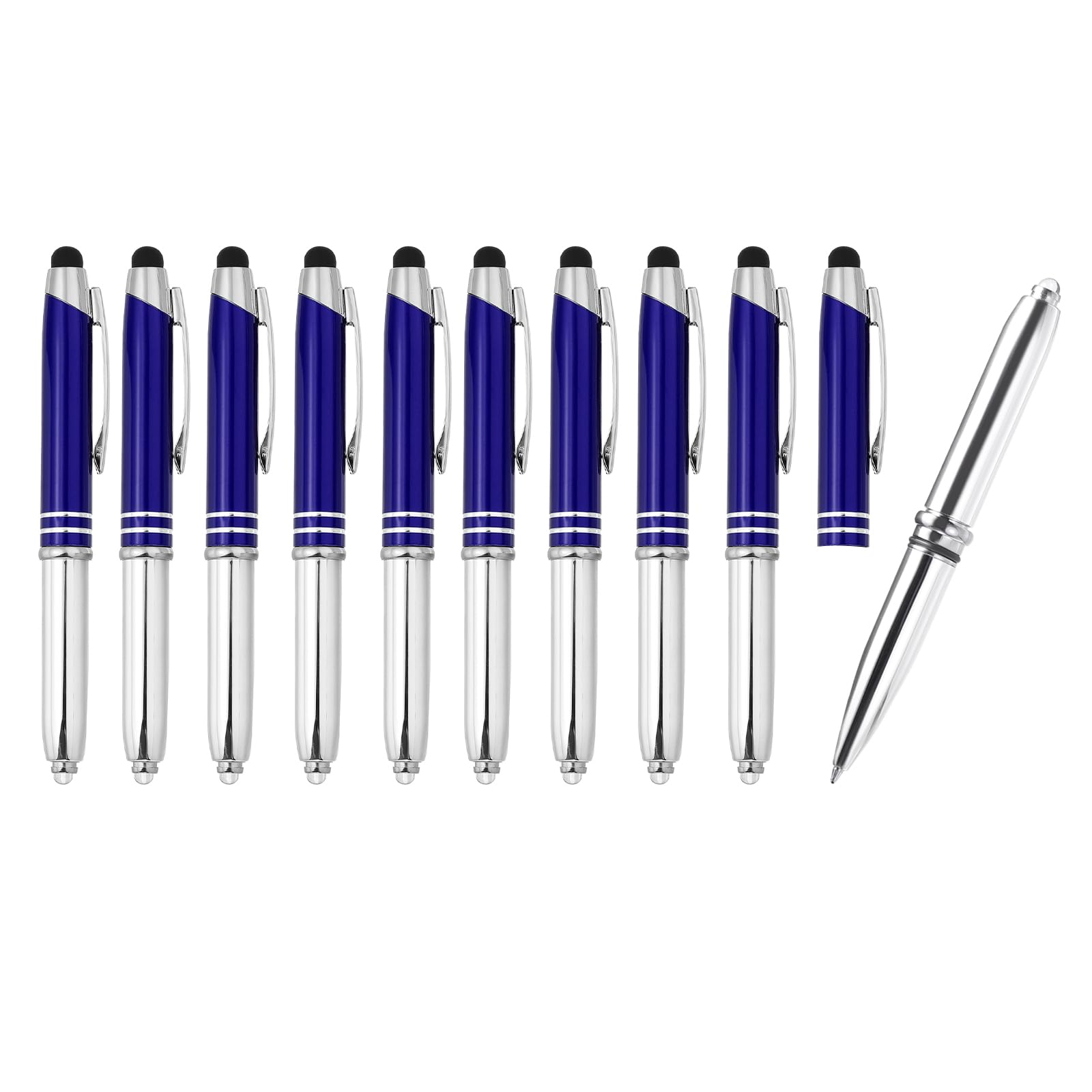 PATIKIL 10 Pack 3 in 1 Metal Pen, Blue, 1.0mm Medium Point Stylus Pen for Touch Screens, LED Flashlight, Smartphone, Tablet, Laptop