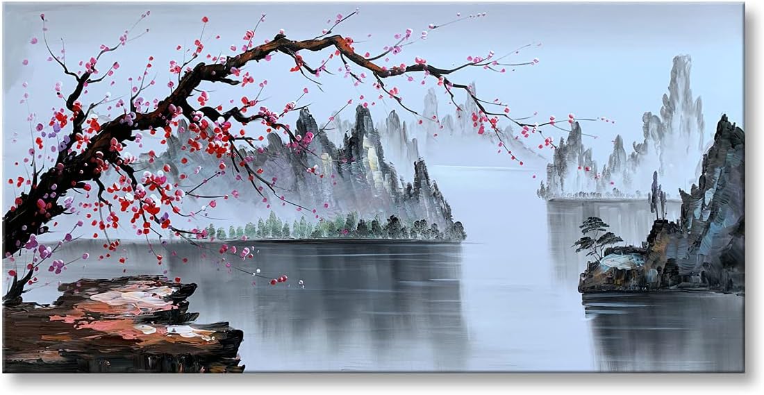 Paintings - AIANHUA Traditional Chinese Painting Handmade Black and White Landscape Canvas Wall Art Plum Blossom Artwork