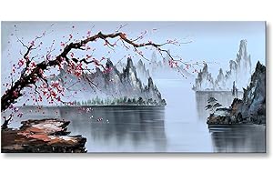 AIANHUA Traditional Chinese Painting Handmade Black and White Landscape Canvas Wall Art Plum Blossom Artwork