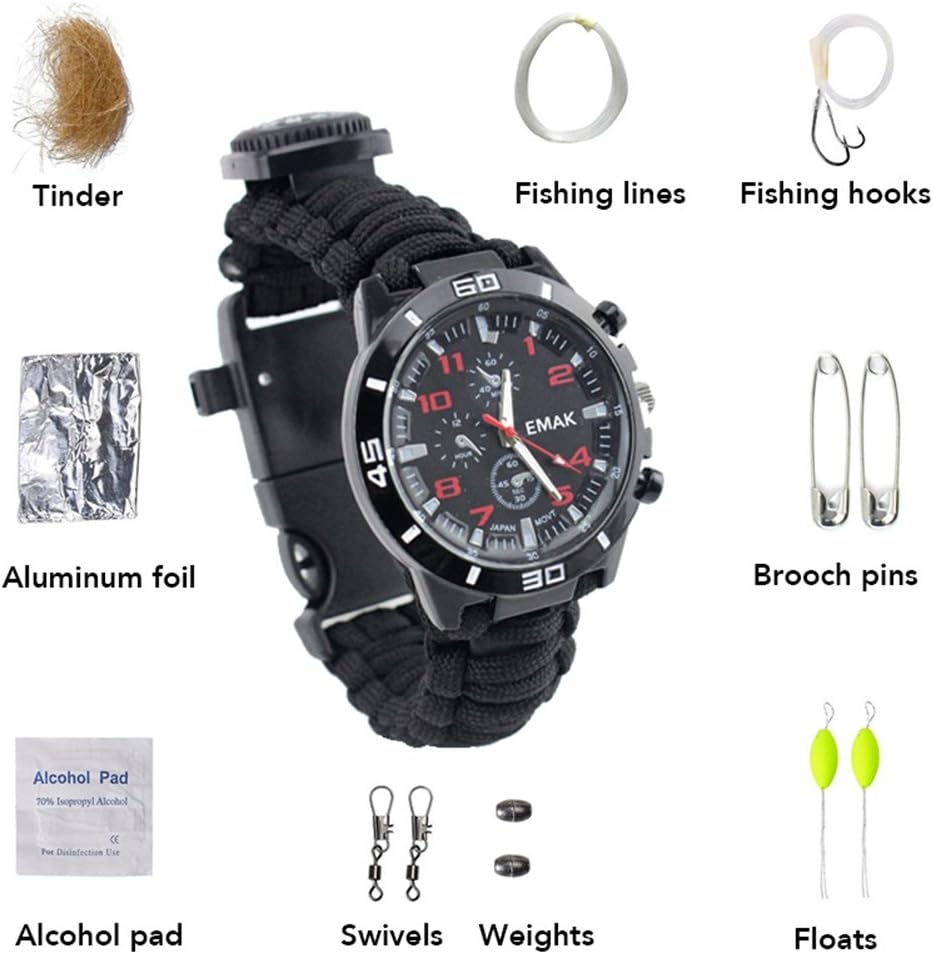 16 in 1 Survival Watch Paracord Bracelet, Outdoor Survival Bracelet Watch Wristband with Fishing Kit Fire Starter Compass Emergency Whistle for Men