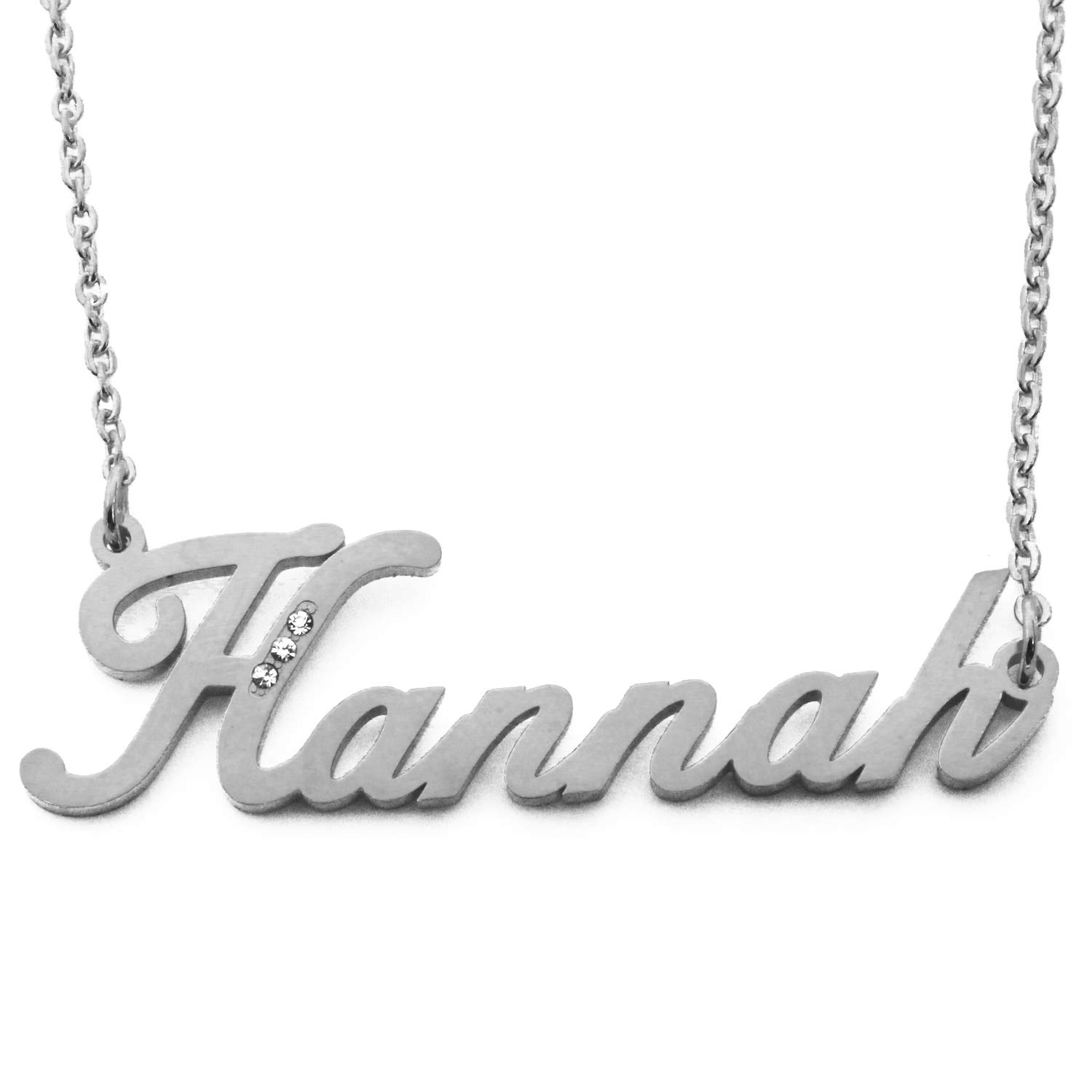 Kigu Hannah Name Necklace, Personalised Name Necklace Hannah, White Gold Plated, Customised Jewellery for Girls, Ladies Name Necklace, Incl Gift Packaging