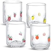 SiliFine 4 Pack Fruit Icon Juice Glasses Set - 14 oz Lemon, Strawberry, Cherry, Orange Stemless Glass Cup for Coffee Wine Cocktail Drinking - Summer Birthday Holiday Party Supplies & Ideal Gift