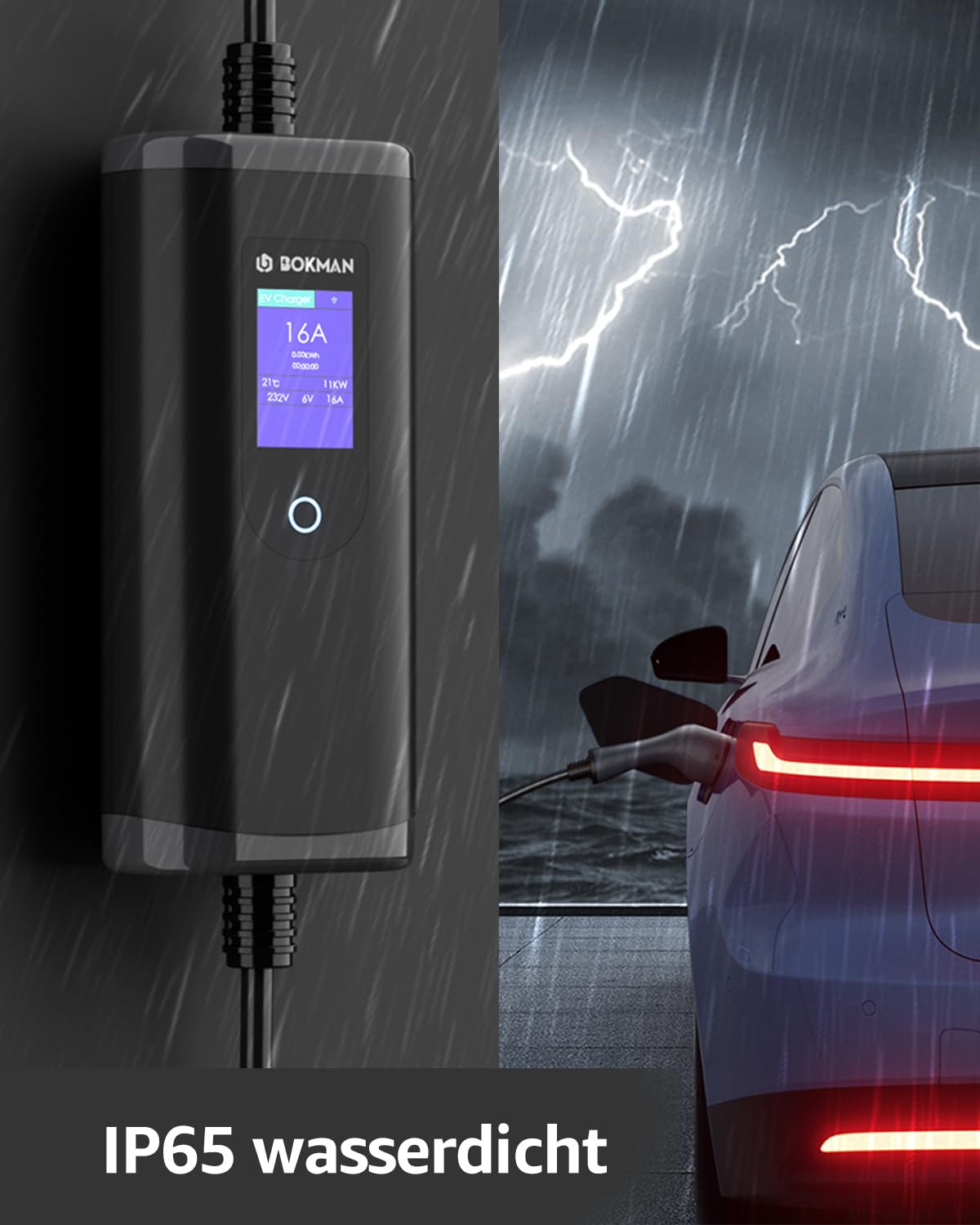 bokman Typ 2 Ladekabel mit CEE Stecker, 5 Meter | 6-16A | 11kW | 3-Phasig | IP65 Wasserdicht, Tragbares EV-Ladegerät und Mobile Wallbox Ladestation für IEC 62196-2 mit Tragetasche & Mikrofaserhandtuch 5