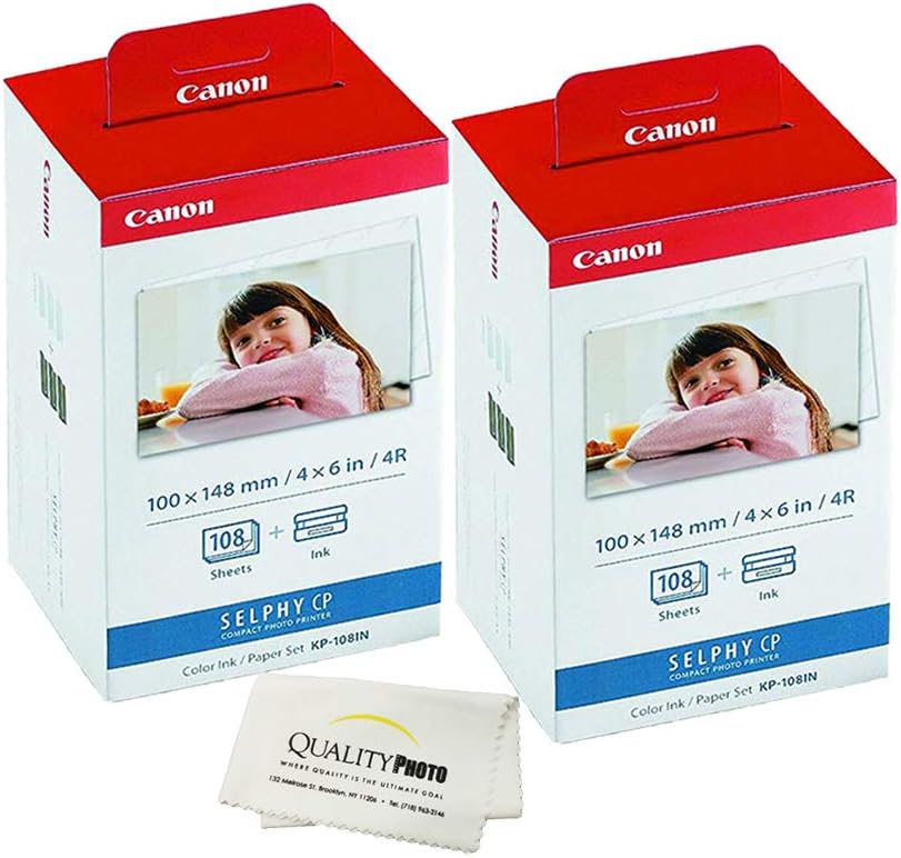 Canon KP-108IN -2 Pack- 3 Color Ink Cassette, 216 Sheets 4 x 6 Paper Glossy for SELPHY CP1300, CP1200, CP910, CP900, CP760, CP770, CP780 CP800. Bonus: Quality Photo Microfiber Cloth