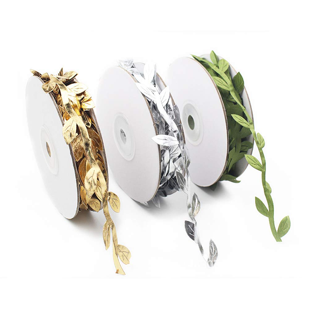 FUJIE 3 Pack Artificial Vines Fake Hanging Plants Artificial Olive Leaf Ribbon Silk Ivy Garlands Green Leaves Ribbon for Home Wedding Christmas Decoration - Gold/Silver/Green