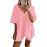 Ekouaer Womens Pajamas 2 Piece Lounge Sets Oversized V Neck T-Shirts Tops Biker Shorts Set Workout Reversible Tracksuit S-XXL