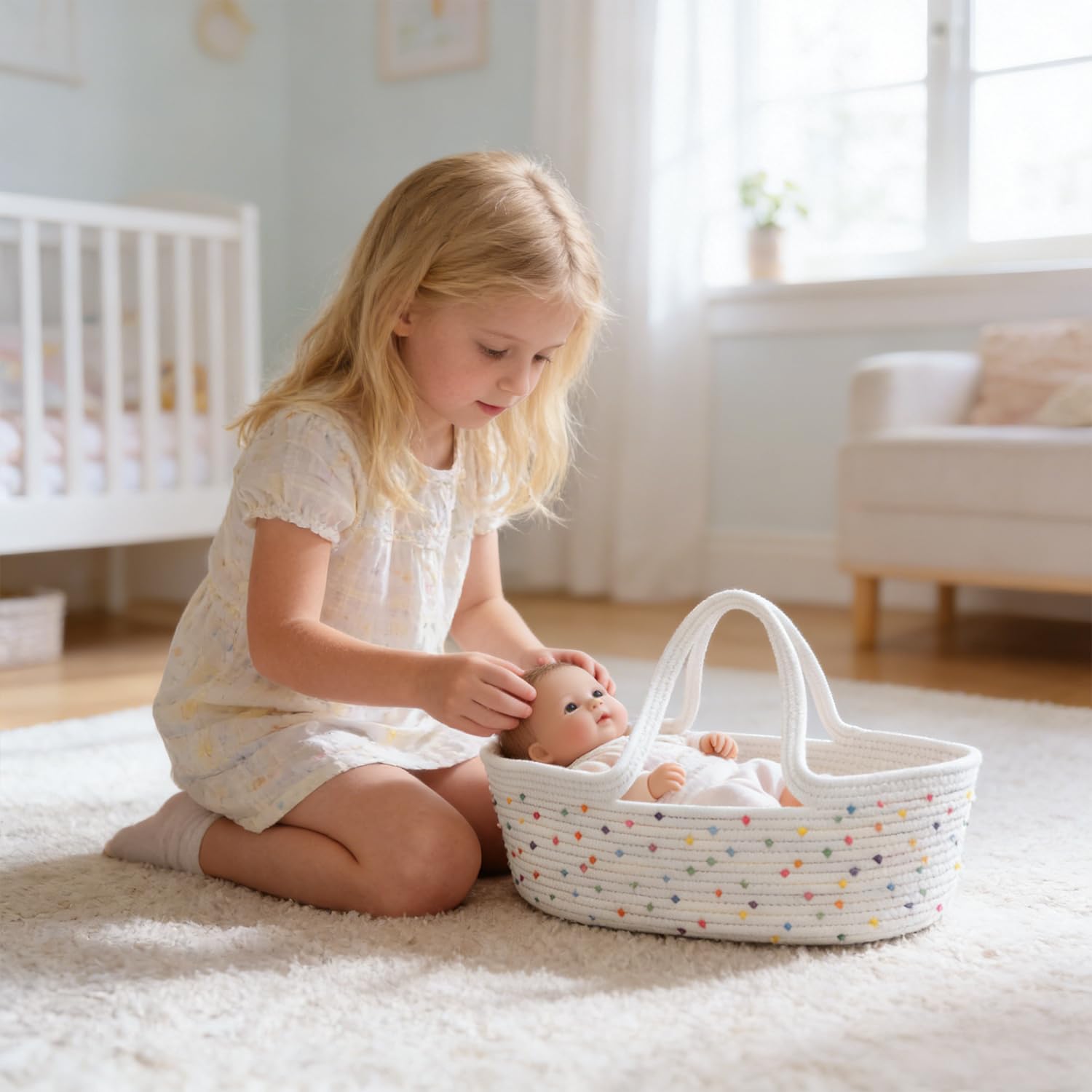 Pinky Reborn Rainbow Design Cotton Rope Reborn Doll Basket - Foldable With Handle, Decorative Storage For Kids’ Toys, Towels, Clothes & Baby/Pet Essentials