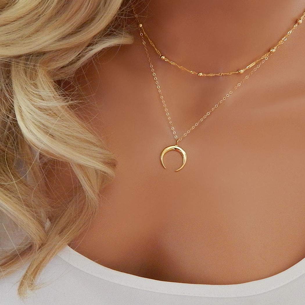 TseenYi Boho Layered Necklace Gold Crescent Moon Pendant Double Horn Necklaces Bead Choker Clavicle Chain Jewelry for Women and Girls (Gold)