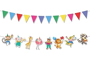 Animal Parade Party Banner & Colorful Pennant Banner, Pre-Strung Cute Animal Birthday Party Garland Zoo Jungle Theme Hanging 