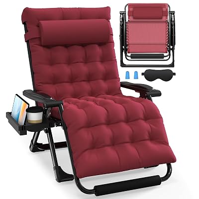 Slendor Oversized Zero Gravity Chairs XXL, 33IN Padded Zero Gravity Lounge Chair, Folding Reclining Patio Chair Lawn Recliner w/Aluminum Alloy Lock, Headrest, Cup Holder, Support 500lbs, Wine Red